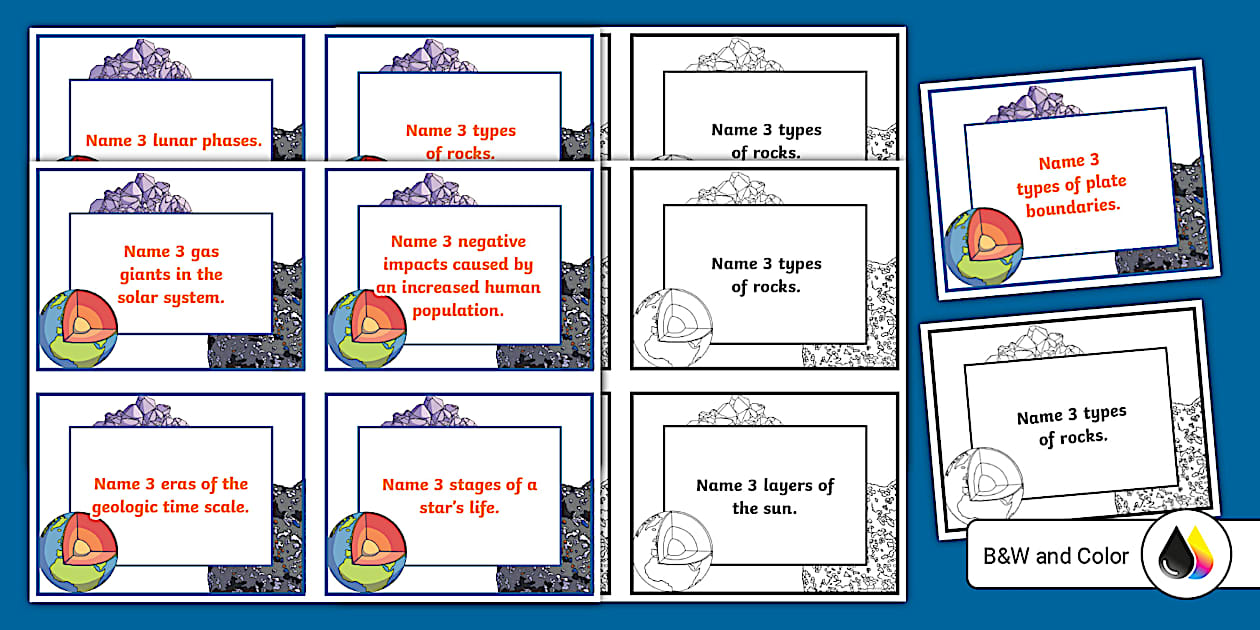 Sixth Gr Earth & Space Science Name 3 Game Challenge Cards
