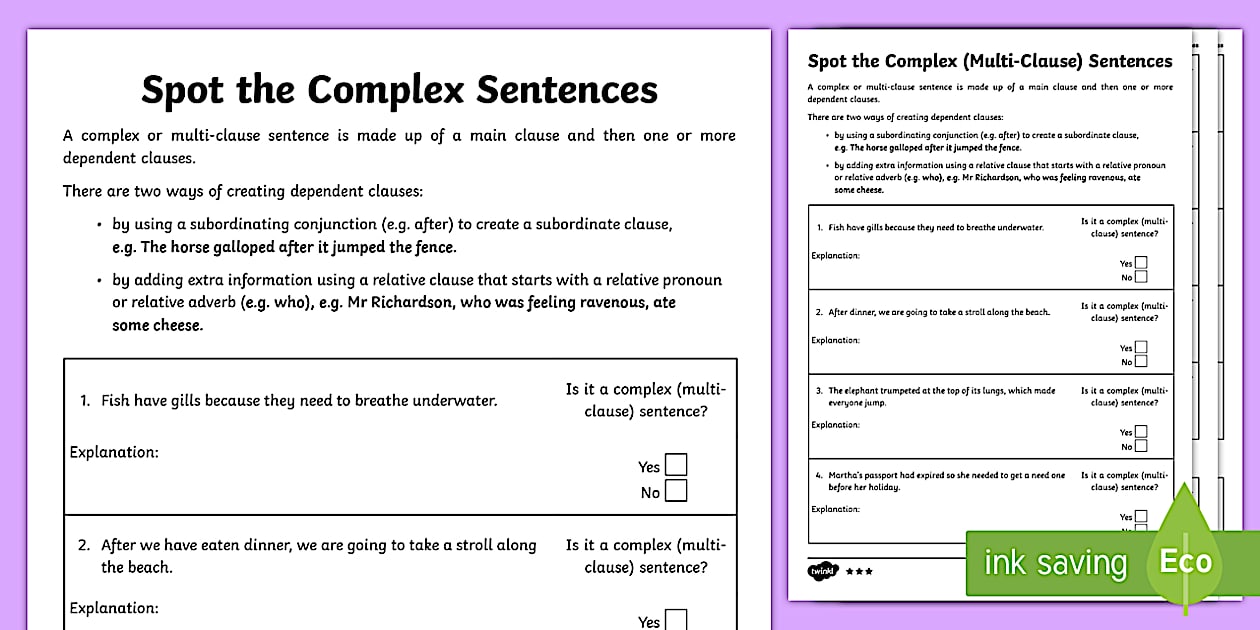Spot the Complex (Multi-Clause) Sentences Worksheet / Worksheets - ESL Spot