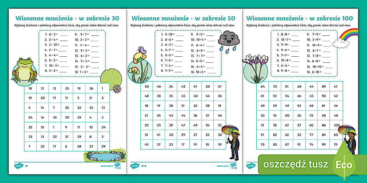 Wiosenne mnożenie w zakresie 30,50,100 | Labirynt | Tabliczka mnożenie