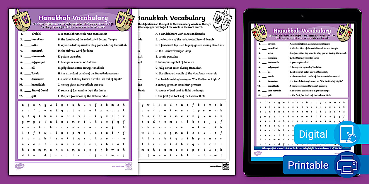 Hannukah Vocabulary Matching and Word Search Worksheet for 6th-8th Grade