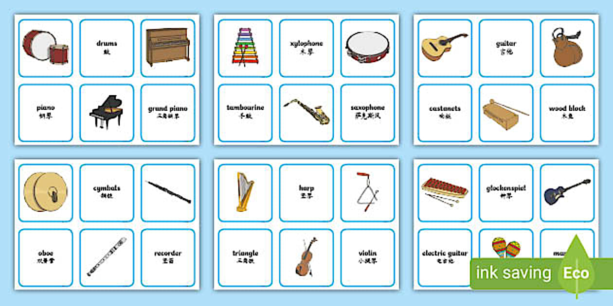 Mandrerin Instrument Name the Musical Instrument Cards - English/Mandarin Chinese