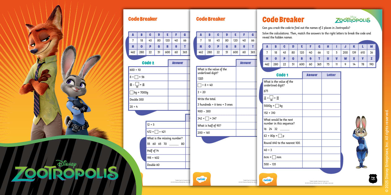 👉 Zootropolis: Maths Code Breaker Activity [Ages 7-9]