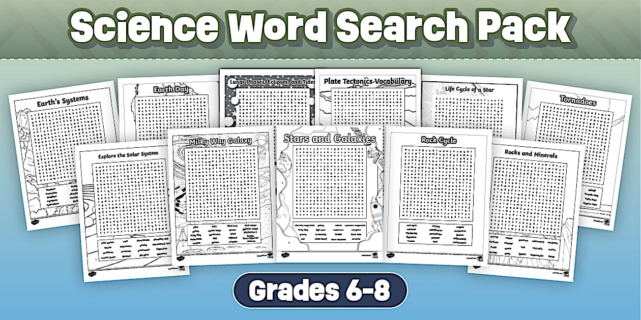 Earth and Space Science Vocabulary Word Search Pack 6th-8th
