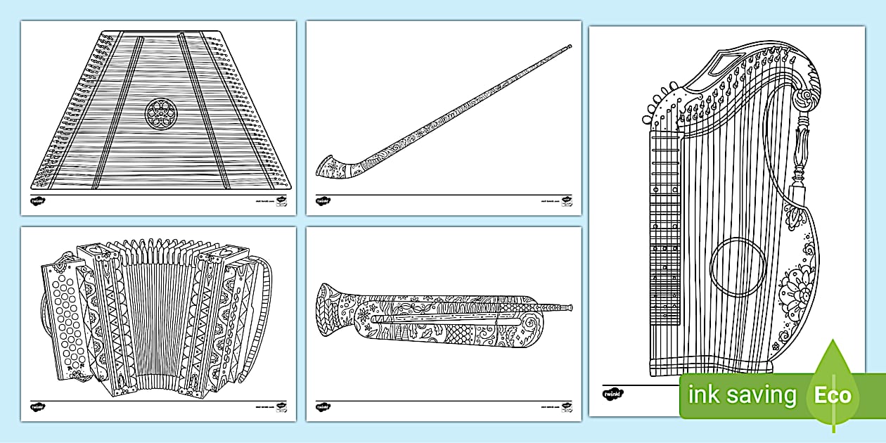 Musical Instruments Groups Colouring In Swiss Musical Instruments Colouring Pages - Twinkl