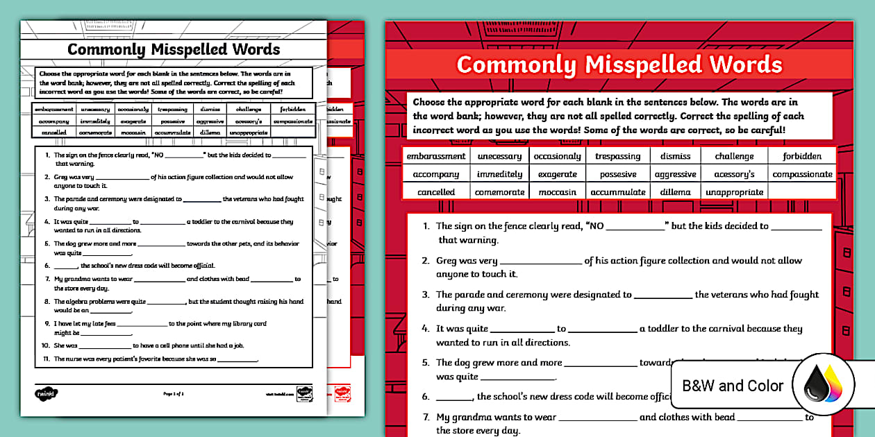 Commonly Misspelled Words Worksheet for 6th 8th Grade
