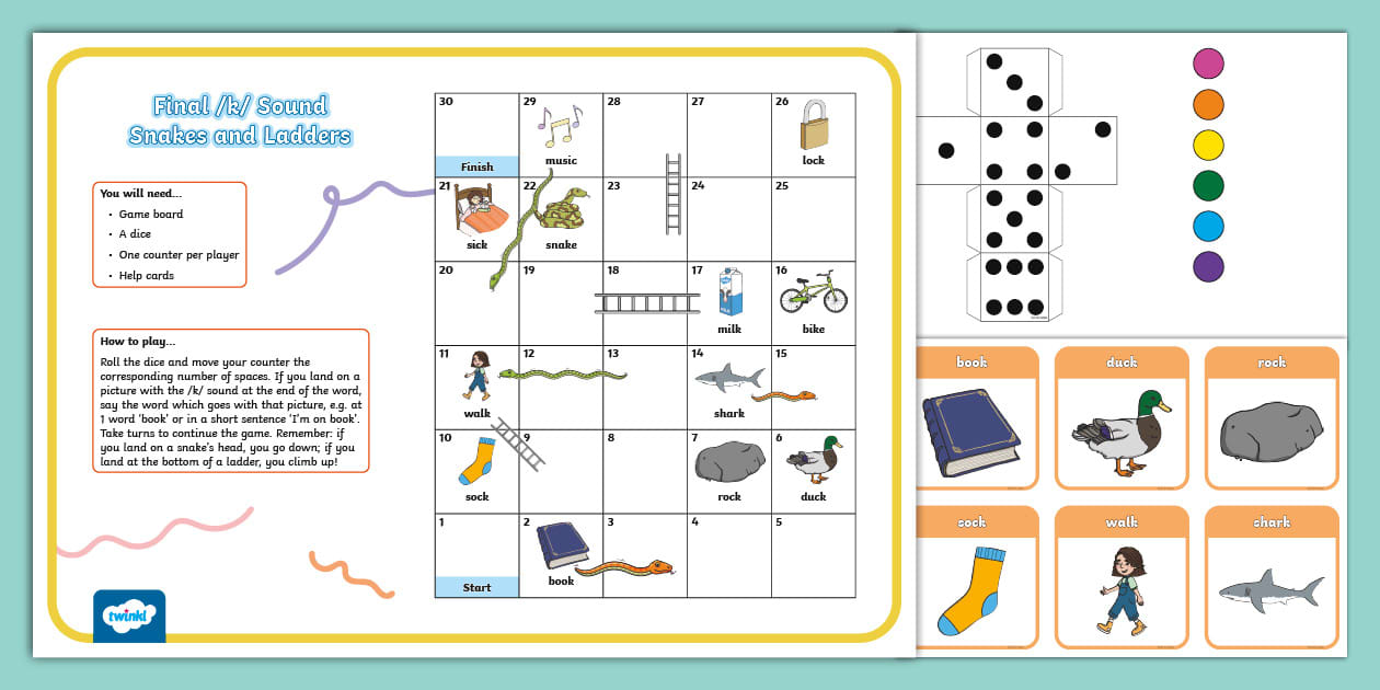 Final /k/ Sound Snakes and Ladders (Teacher-Made) - Twinkl