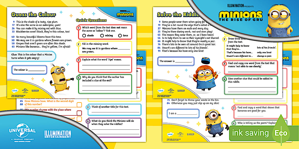 FREE! - Minions 2: Minion Riddles 60-Second Reads Activity Pack KS1