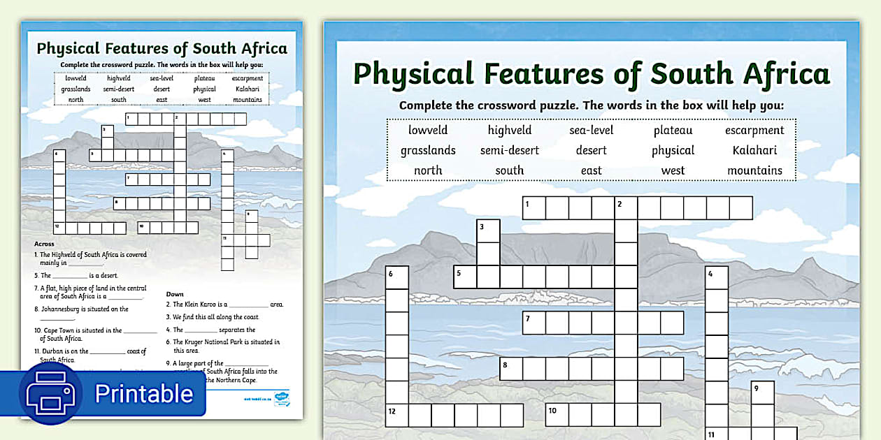 Physical Features of South Africa Crossword (teacher made)