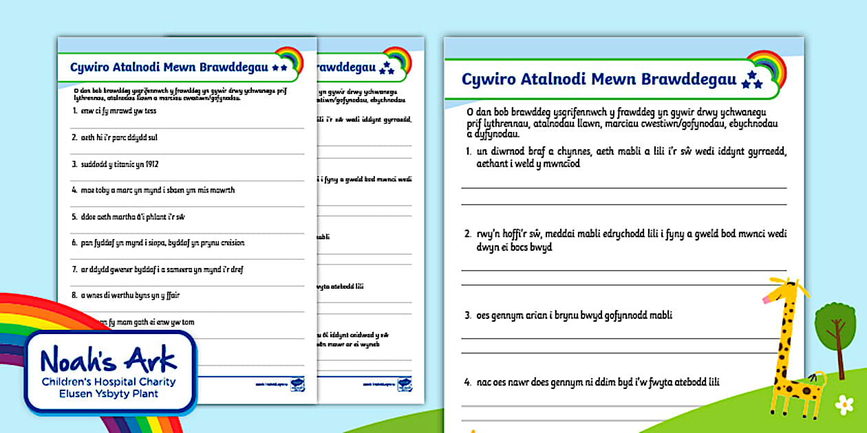 FREE! - Taflenni Gweithgaredd Cywiro Atalnodi Mewn Brawddegau