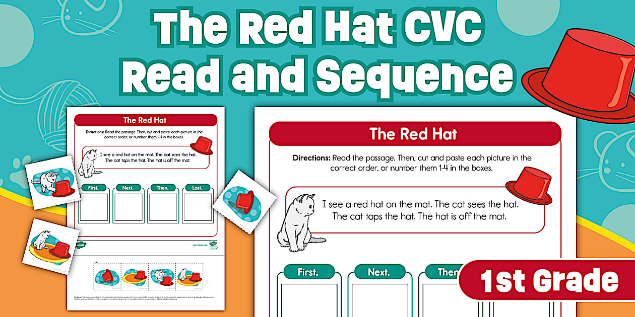 First Grade The Red Hat CVC Read and Sequence Activity