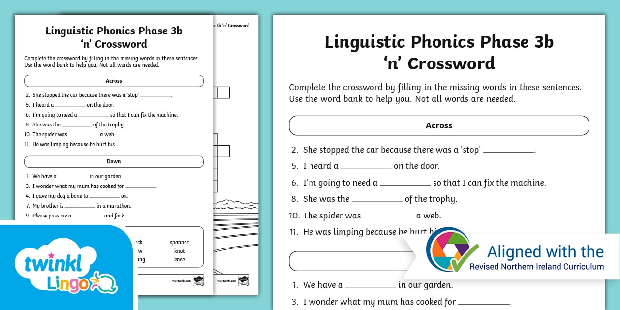 Linguistic Phonics Phase 3b #39 n #39 Crossword (teacher made)