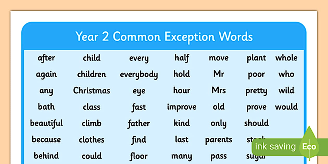 Year 2 Common Exception Words List Primary Education