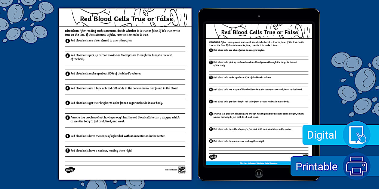 Red Blood Cells True or False Quiz for 6th-8th Grade
