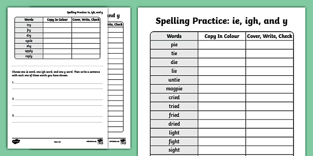 Grade 3 ie, igh, y Phonics Spelling Practice Sheets - Twinkl