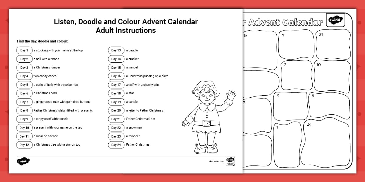 Listen Doodle and Colour Advent Calendar Activity Sheet