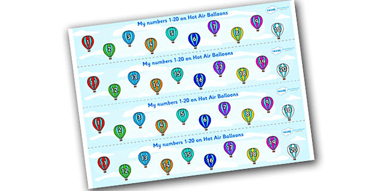 1-20 on Striped Hot Air Balloons Number Strips - Twinkl