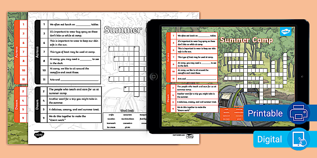 Summer Camp Crossword for 6th 8th Grade Twinkl