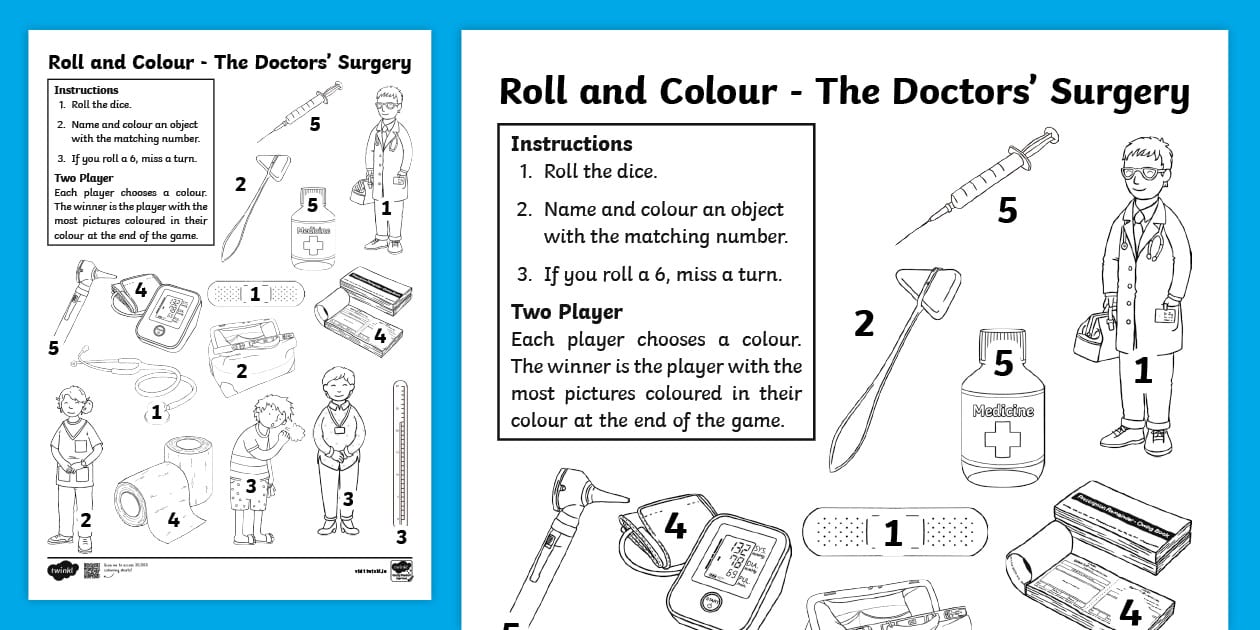 The Doctors' Surgery Roll and Colour Game Worksheet