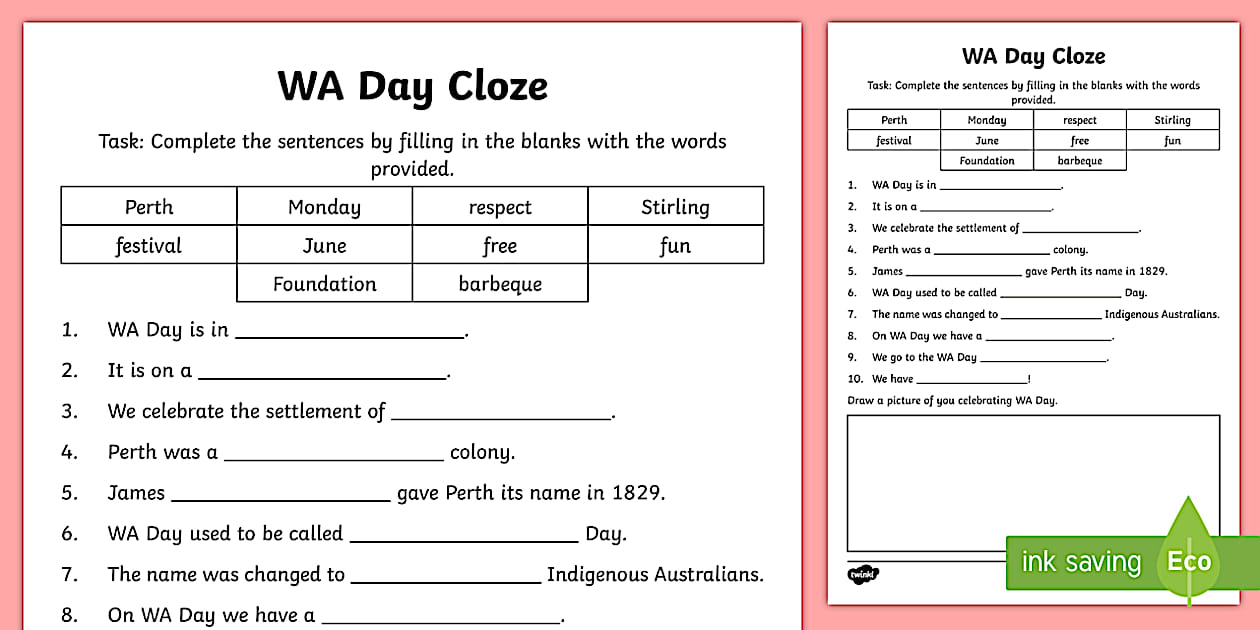 TAS WA Day Cloze Worksheet (teacher made) - Twinkl