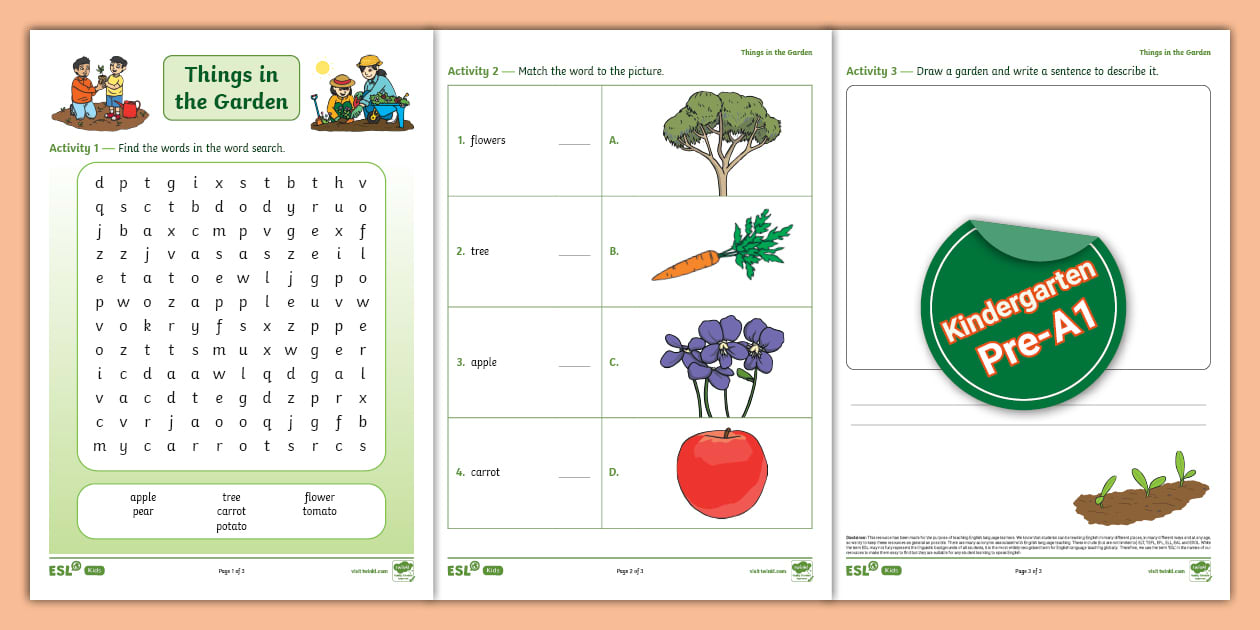 Garden Vocabulary Activity Sheet for ESL Kids (teacher made)