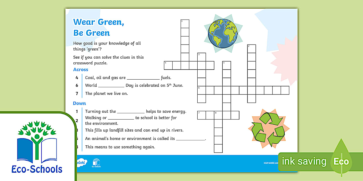 FREE KS1 Eco Schools NI: Wear Green Be Green Crossword
