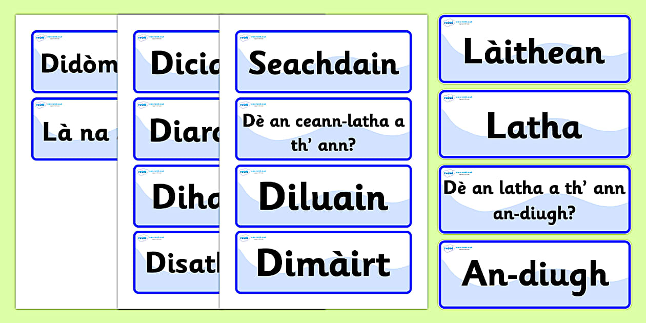 Scottish Gaelic Days of the Week Labels - Twinkl