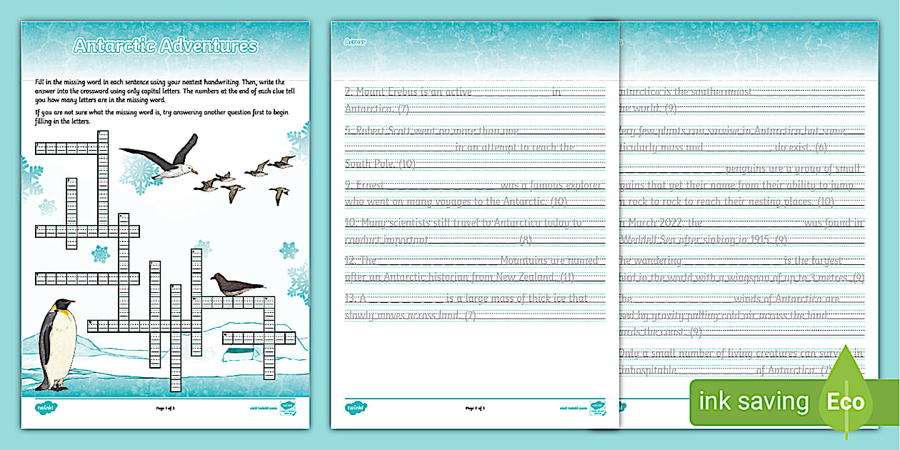 KS2 Antarctic Adventures Handwriting Crossword Twinkl