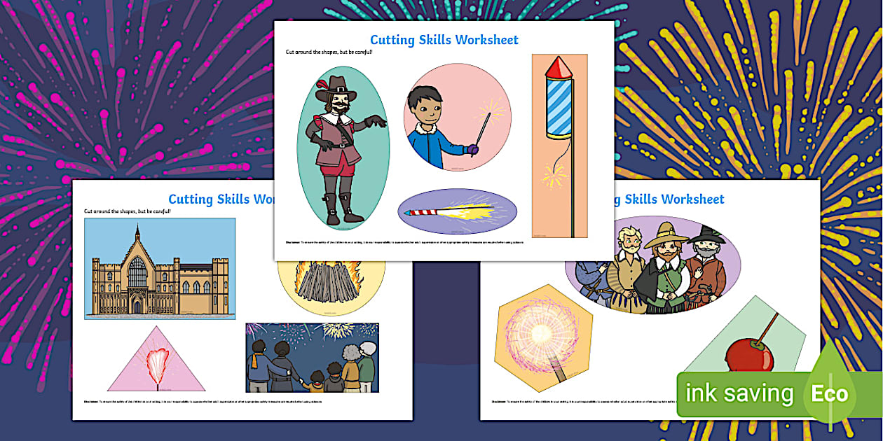 Bonfire Night Themed Cutting Skills Worksheet - fine motor skills