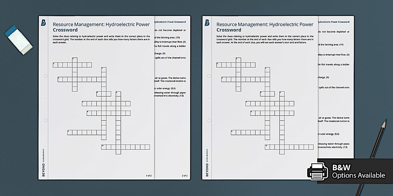 Resource Management Hydroelectric Power Crossword Twinkl