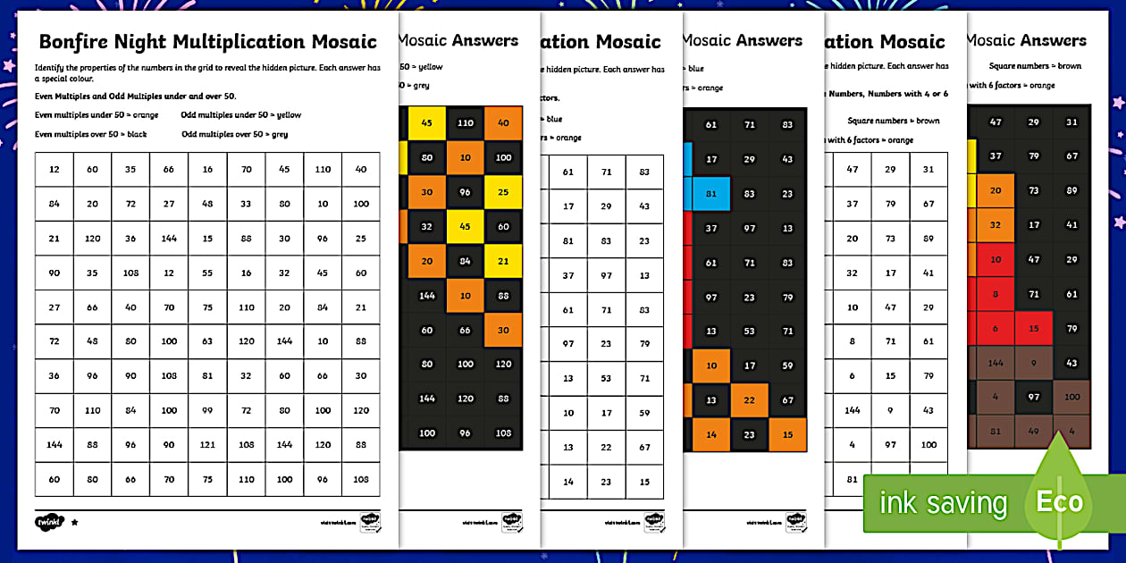 UKS2 Bonfire Night Maths Mosaic Differentiated Worksheet / Worksheets