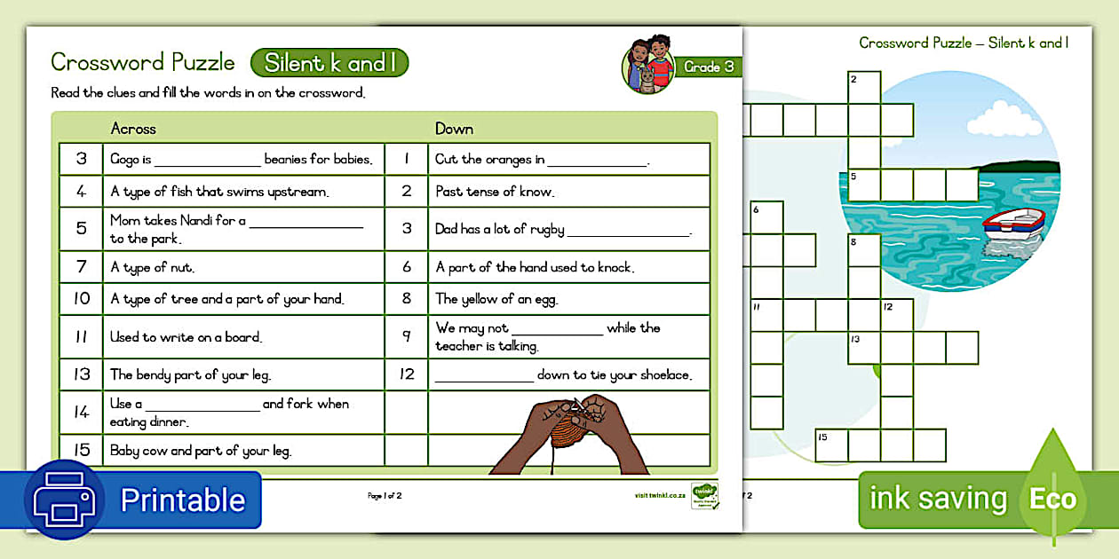 Grade 3 Phonics: Silent k and l: Crossword Puzzle Twinkl