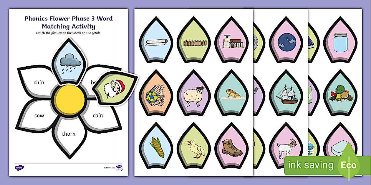 Phonics flowers phase 3 words matching game twinkl