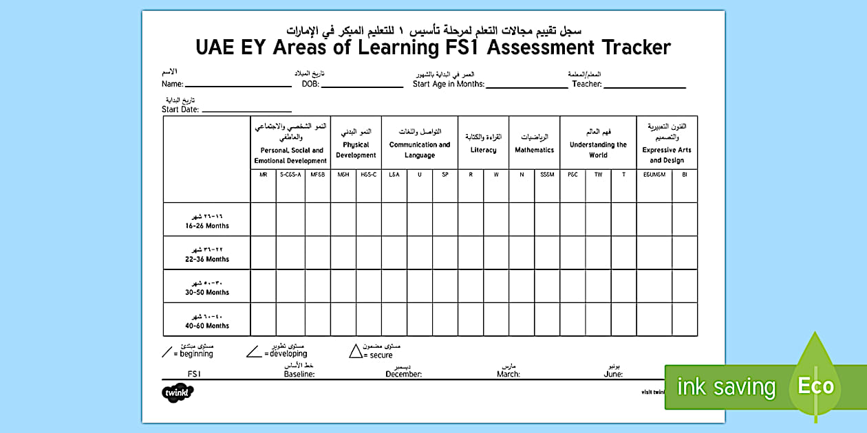 EY Areas of Learning FS1 Assessment Tracker Arabic/English