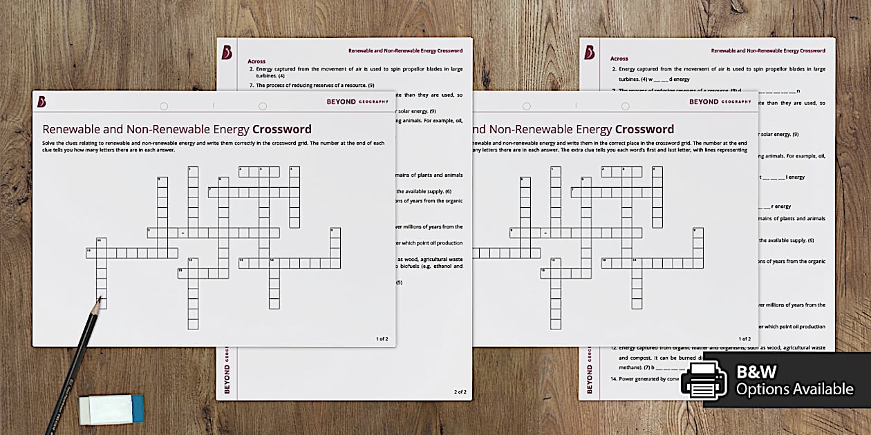 Renewable and Non Renewable Energy Crossword Beyond