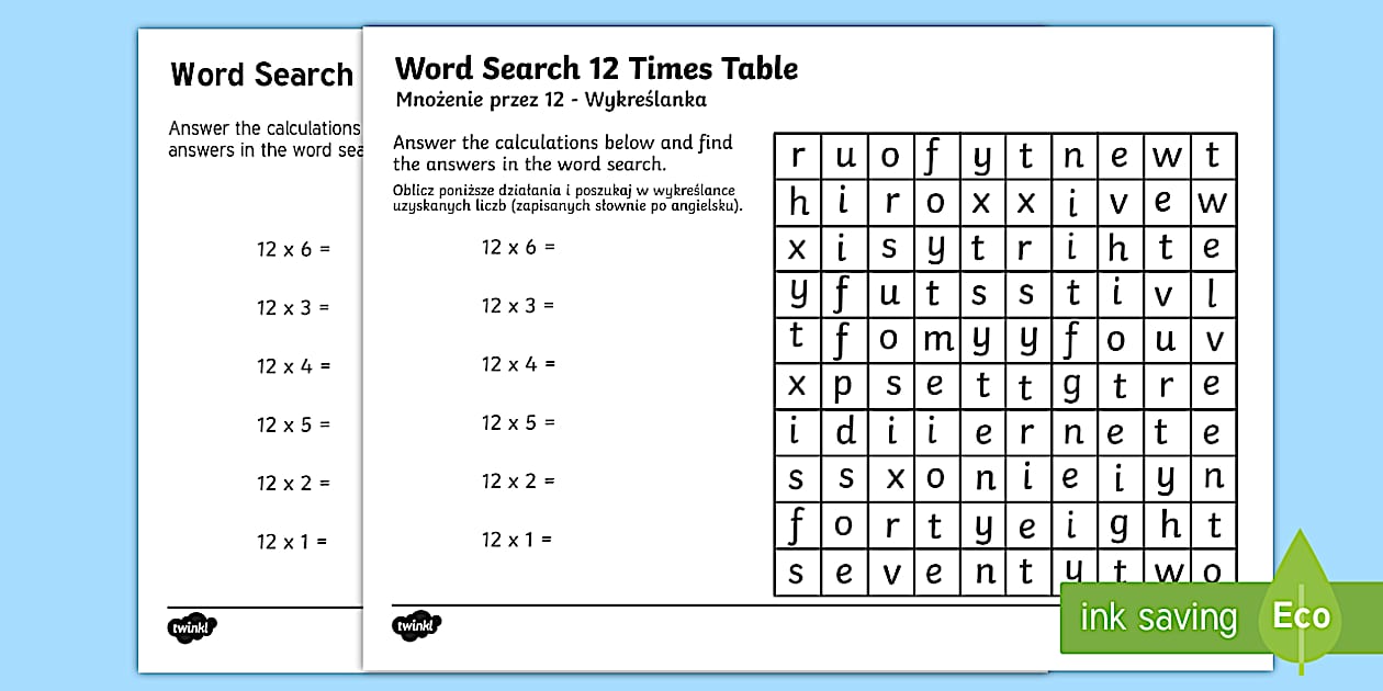 Multiplication 12 Times Tables Word Search Worksheet / Worksheet