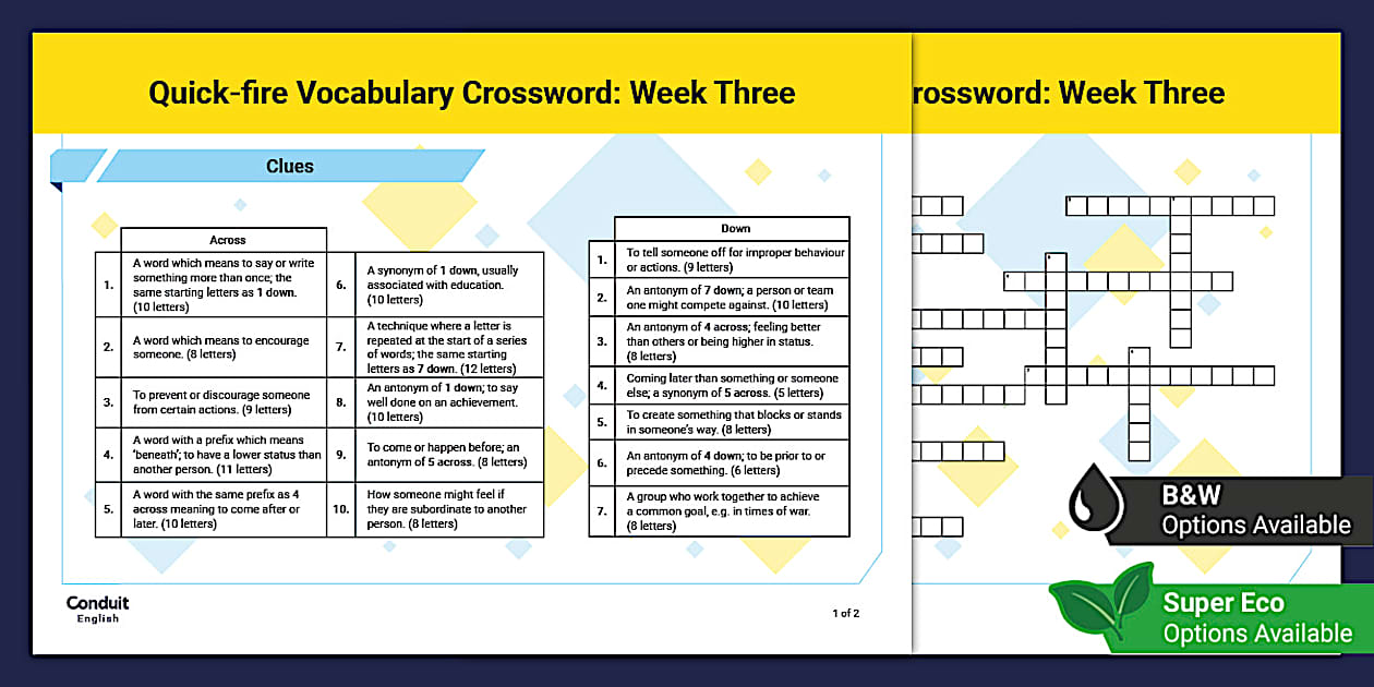 National 5 Quick fire Vocabulary Crossword: Week Three