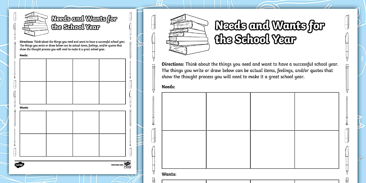 Seventh Grade Back to School Needs and Wants Worksheet