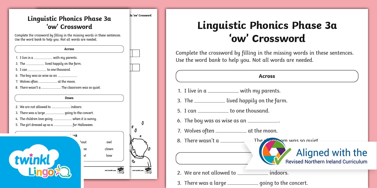 Linguistic Phonics Phase 3a #39 ow #39 Crossword (teacher made)