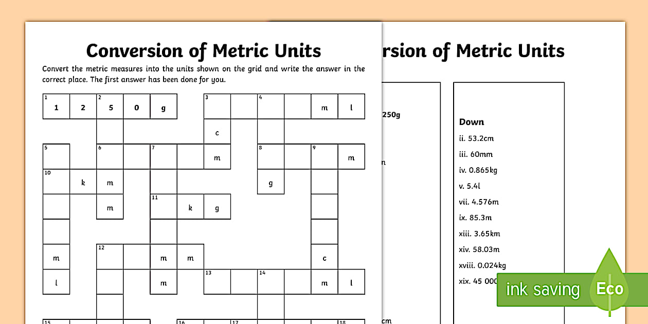 UKS2 Unit Conversion Worksheet Answers Crossword Puzzle