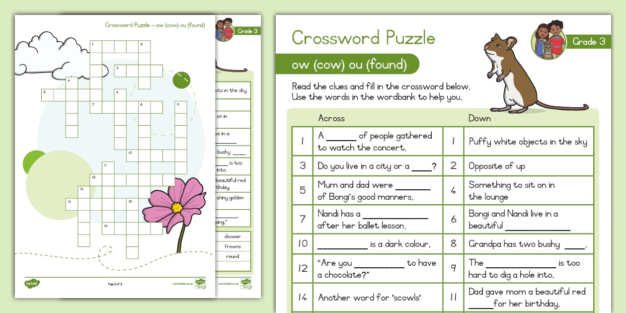 Grade 3 Phonics ow (cow) ou (found): Crossword Puzzle