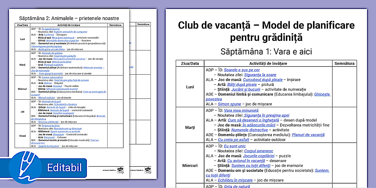 Club de vacanță – Model de planificare pentru grădiniță