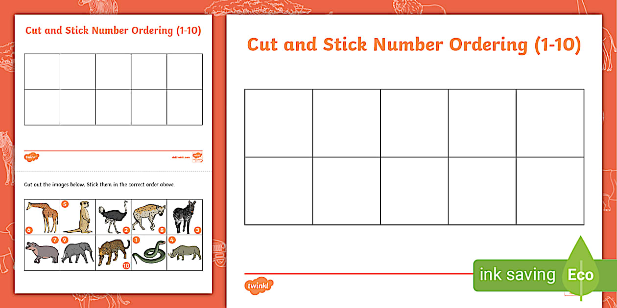 Black and White Safari Themed Cut and Stick Number Ordering Sheets 1-10