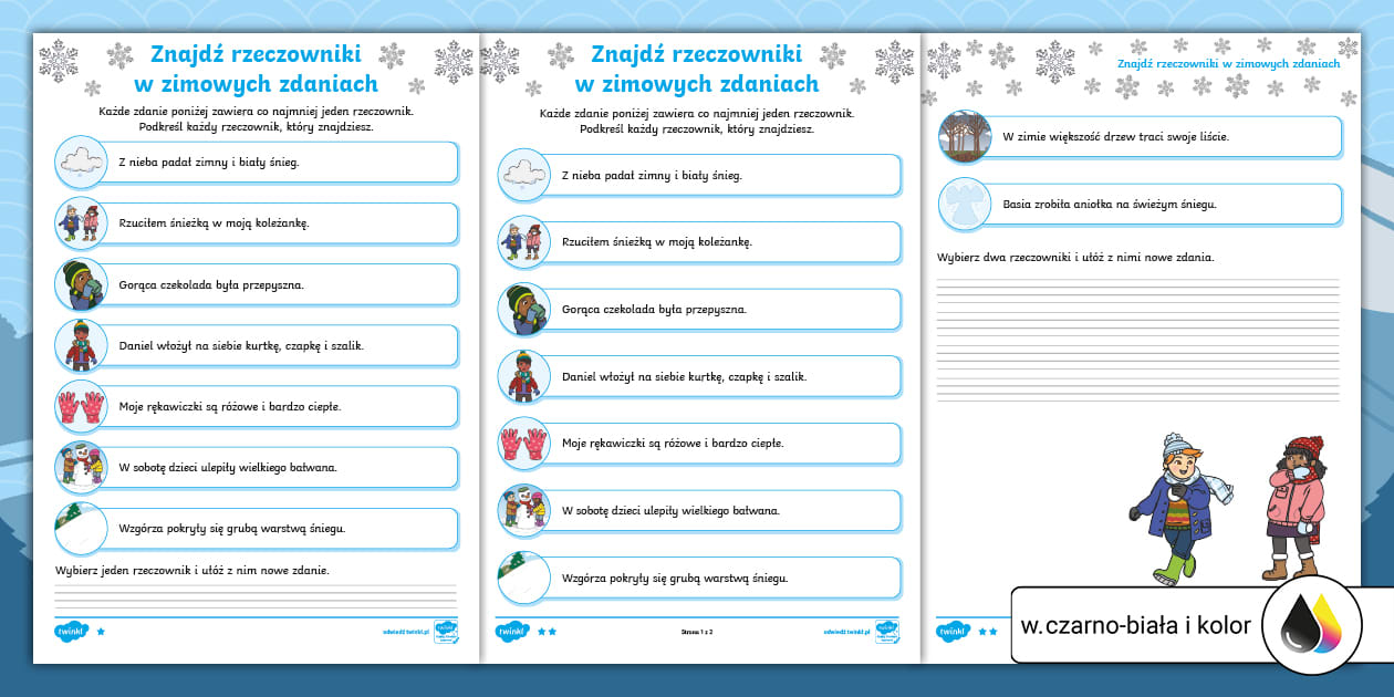 W Zimie Nigdy Dokoncz Zdanie - Znajdź rzeczownik w zdaniu | Zima | Zdanie - Twinkl