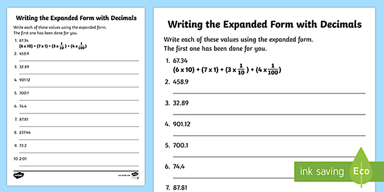 Decimal Expanded Form Worksheet Math Twinkl USA Twinkl