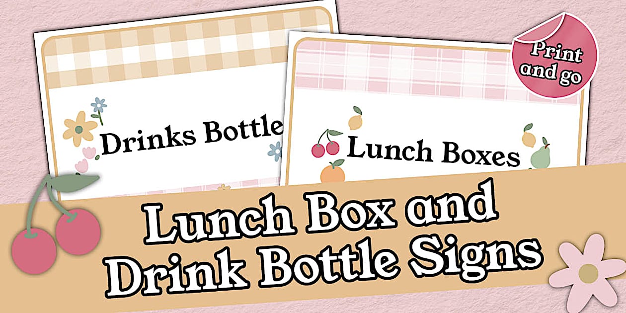Checkered Charm-Themed Lunch Box and Drink Bottle Signs