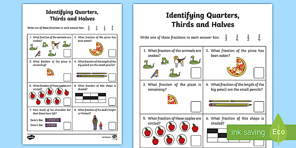 Identifying Quarters, Thirds and Halves Worksheet / Worksheet