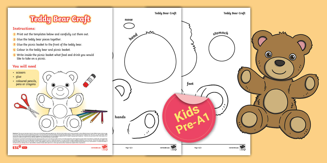 ESL Teddy Bear Picnic Craft Kids Pre A1 (teacher made)