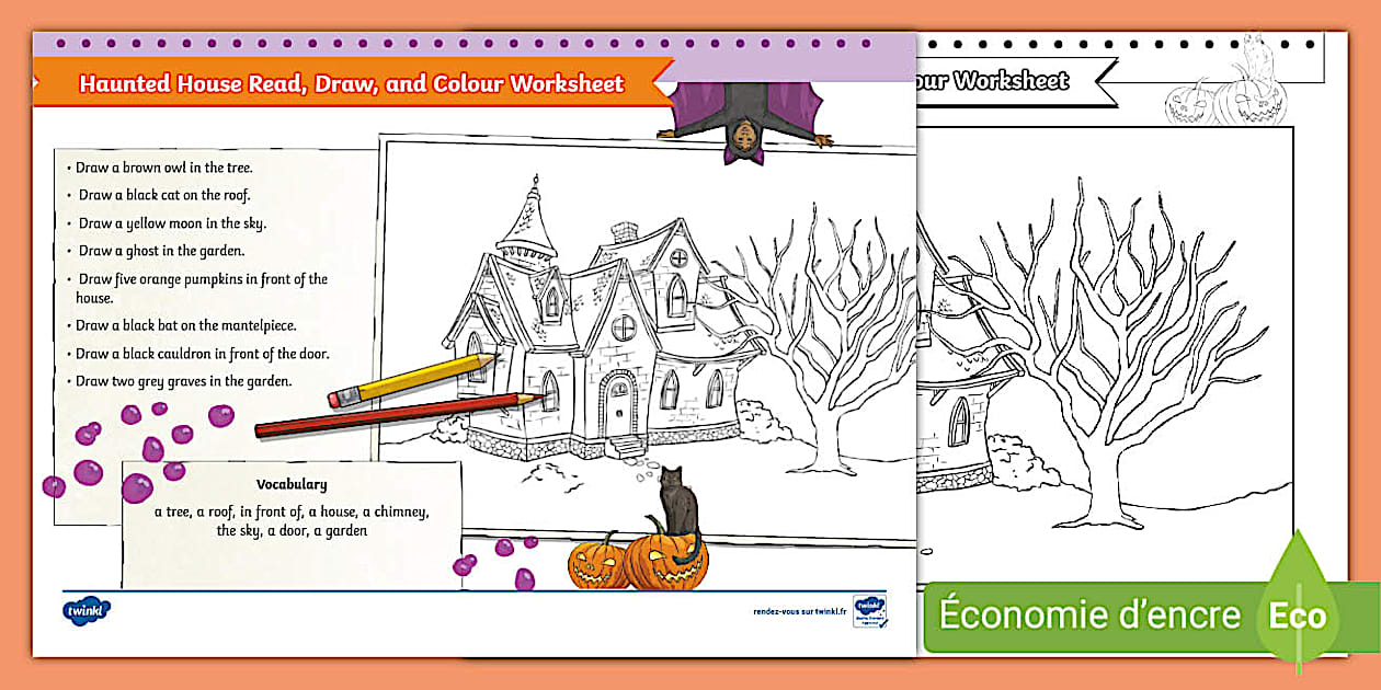 Haunted House Read, Draw, and Colour Worksheet - Twinkl