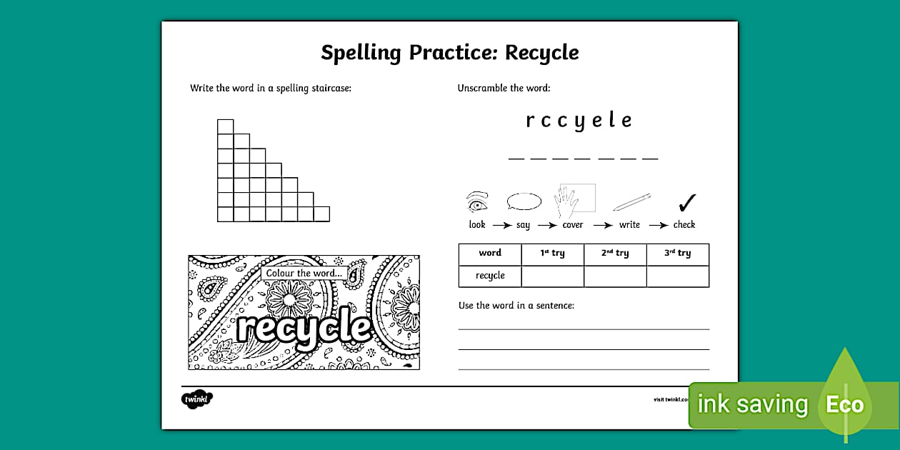 Recycle Spelling Practice Worksheet (teacher made) - Twinkl
