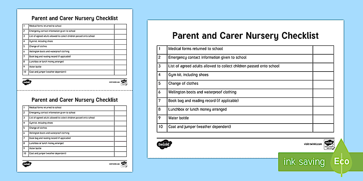 Editable Parent and Carer First Day Checklist for Nursery